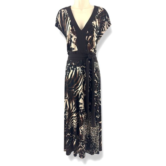 Abstract Animal Leopard Print Maxi Dress w/Tie Size 16W 1X Plus Evening Cocktail - Picture 1 of 5